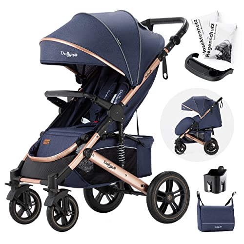 Daliya® Rapidy Buggy Kinderwagen 0-36 Monate Sportwagen mit Liegeposition Wickeltasche, Winterfußsack, Ess- & Spieltisch und mehr (Blau - Gold)