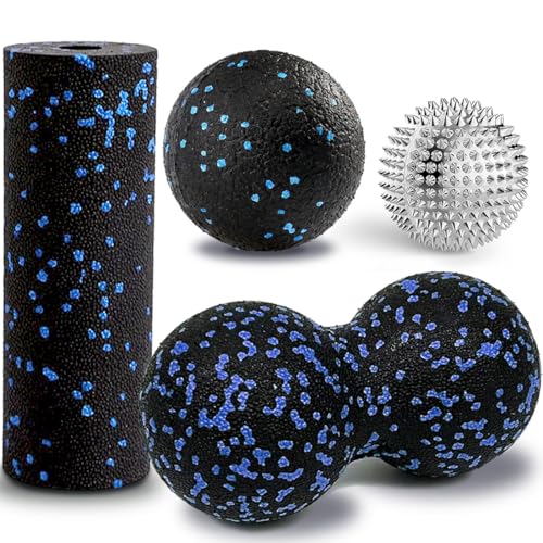 4 Stück Faszienball Set, Massagebälle, Faszienrolle Klein, Duoball Massageball und 5.6cm Igelball Akupressur Ball für Fuss Hand Rücken Muskelmassage