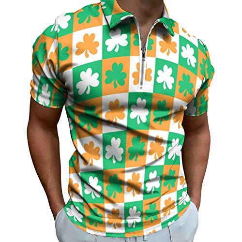 DGZTWLL St. Patricks Day Shirts für Herren, Irisches Kleeblatt, kurzärmelig, Viertelreißverschluss, lässig, schmal, modisches Designer-Hemd, Gelb #1, XX-Large