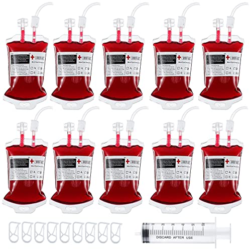 Leikedun 10 Stück 350 ml Halloween Trinkgefäß Blutbeutel Zum Befüllen Infusionsbeutel Getränkebeutel Wiederverwendbare, Blutgruppenetiketten und Schnallen für Cosplay Zombie Party