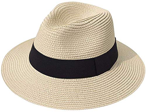 DRESHOW Damen Panama Hut Fedora Strand Sonnenhut Breiter Rand Stroh Aufrollen Hut UPF 50+