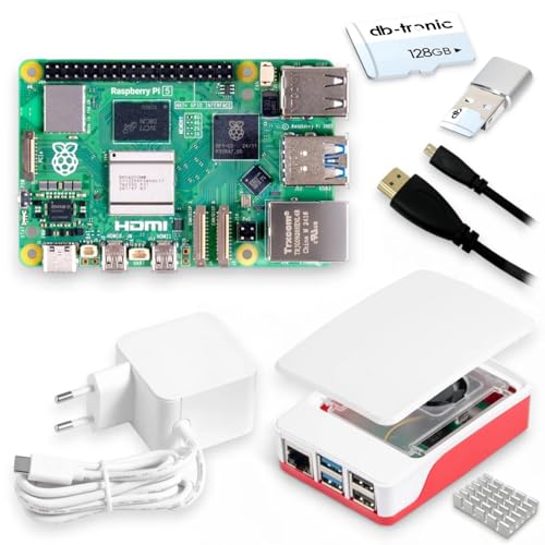 Raspberry Pi 5 8GB Starter-Kit | 128GB microSD | Offizielles 27W Netzteil | Offizielles Gehäuse mit Lüfter | 4K Micro HDMI Kabel 1m | Alu-Kühlkörper