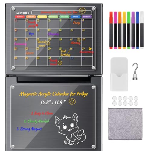 blayram, 2er-Set Acryl-Magnet-Kühlschrankkalender, transparente Monats- und leere Memo-Planertafel für Kühlschrank, nass/trocken abwischbarer Acryl-Kalender für Kühlschrank mit 8-Farben-Stift, wiederv