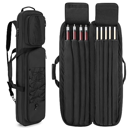 GOBUROS 4x5 Pool Queue Koffer, Billard Stick Tragetasche für 4 Kolben und 6 Schäfte, weiche Pool Stick Tasche mit großen Zubehörtaschen vorne und Schultergurt,Schwarz