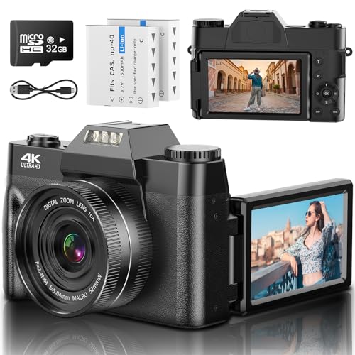 Digitalkamera 4K 48MP Vlogging-Kamera mit 3'' 180-Grad-Flip-Screen, 16X Digitalzoom-Kamera für Fotografie mit Autofokus & 32GB Karte & 2 Batterien für Teens Studenten Kinder Jungen Mädchen