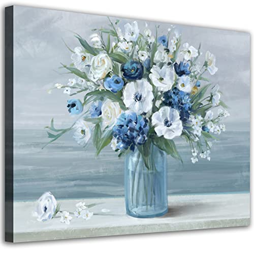 ARYEWDY Blumen Leinwand blau weiß Blüte Leinwand Gemälde Bilder Drucke Blumen in Vase Kunstwerk für Schlafzimmer Badezimmer Wohnzimmer Wanddekoration 30 cm x 40 cm