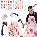 Auzlya Halloween Schlächter Kostüm,5 Stück Halloween Kostüm, Metzger Schürze Halloween,Halloween Blutige Schürze,Metzger Kostüm mit Stirnband Kunststoff für Halloween Verkleidung Cosplay Party