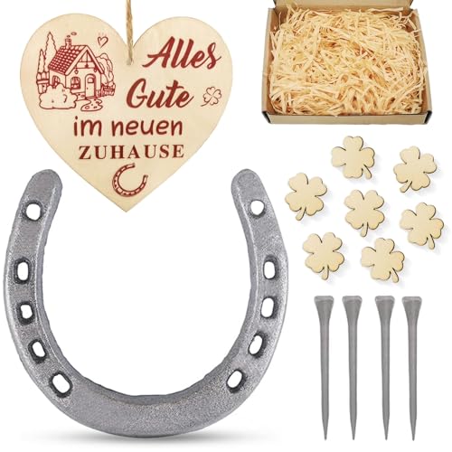 Glücksbringer Einzugsgeschenke Wohnung Haus Set, Einweihungsgeschenk Wohnung Geschenk zum Einzug Hochzeit Hufeisen mit 7 Kleeblatt, 4 Hufeisennägel, 1Hanfseil, 1Schild Herz Viel Glück und Geschenkbox