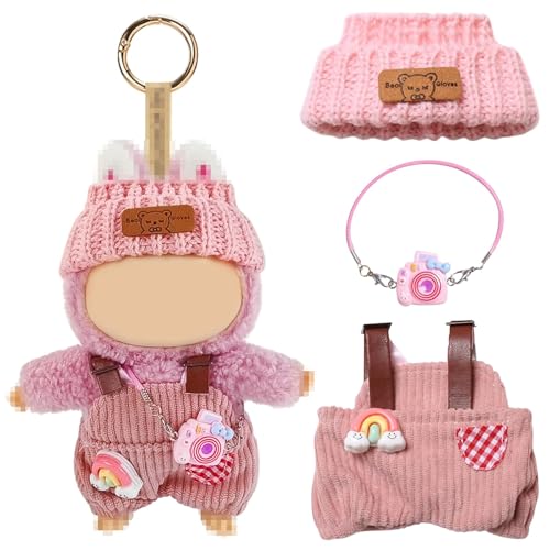 HWJPDMBD Kleidung für Puppe, Bekleidung für 15-17cm Plüsch, Kuscheltier Kleidung Outfit nur Bekleidungs zubehör, Inklusive Mütze, Latzhose, Kamera, Puppenzubehör Geschenke (D)