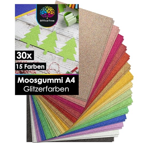 OfficeTree 30x Bögen Glitzer Moosgummi 2mm - Moosgummi Platten A4 - Moosgummi Glitzer - Schaumgummi Basteln - Schaumstoff zum Basteln - Glitzermoosgummi A4 für DIY Bastelarbeiten