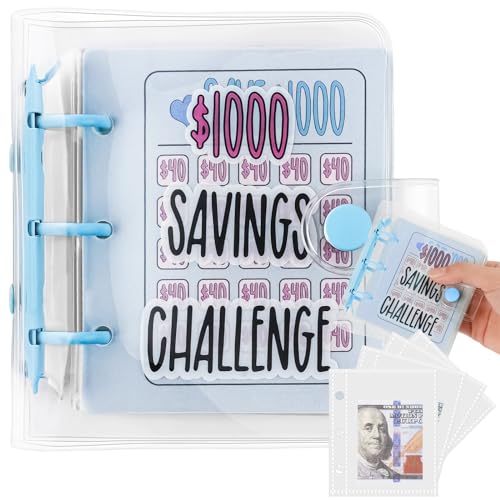 OFFCUP Geldsparender Ordner, 25 pcs Spar Challenge Ordner, 1000 Dollar Mini Binder Spar Challenge mit Geldumschlägen Budget Binder Sparbuch für den Budgetplaner und Zum Geldsparen (Blau)