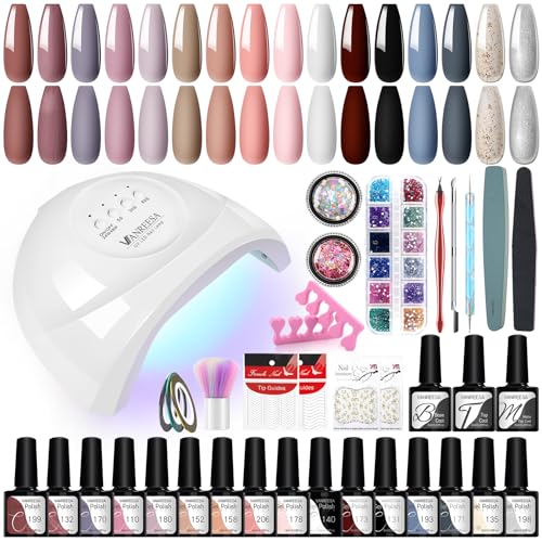 U V Gel Nagellack Set, VANREESA 16 Farben Gelnägel Kit mit 48W U V/ LED Nagellampe Rosa Weiß Blau U V Gelnagellack Starterset Gel Farblack für Nägel Maniküre Starter Set