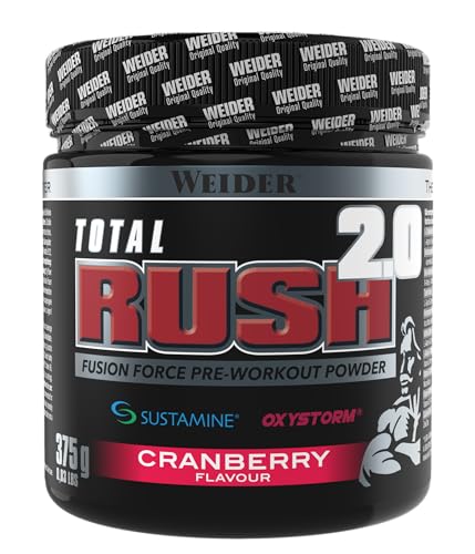 WEIDER Total RUSH 2.0 Pre-Workout Booster für mehr Leistung im Gym, hochdosierter Trainingsbooster, Fokus & Pump Booster mit Koffein, Kreatin, L-Citrullin, L-Arginin und mehr, 375g, Cranberry