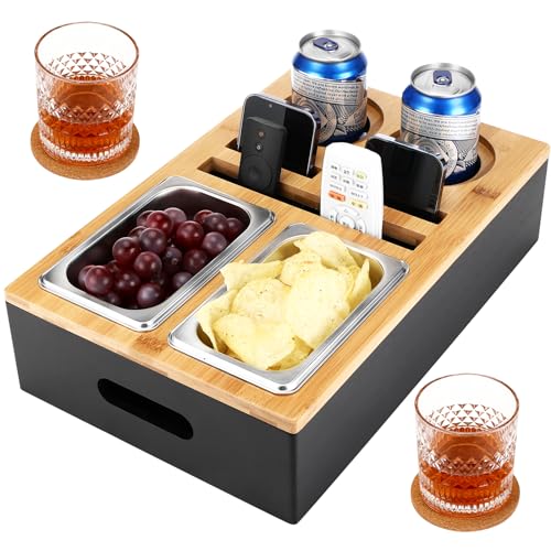 Royouzi Couchbar, Sofatablett, Couch Bar, Couchbar Snackbox, 2 Mit Snackschalen Aus Edelstahl, Couch Organizer, Sofa Bar Geeignet für Wohnzimmer Sofa Restaurant Picknick Party