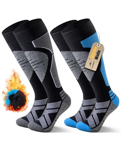 Niorasen 2 Paar Merino Skisocken Herren Damen, Thermo Snowboard Socken, Skistrümpfe mit Polsterung, Wärme Kniestrümpfe für Skifahren, Snowboarden, Outdoor Wintersport, Size L, Schwarz Blau