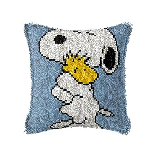 ROCKY&CHAO Knüpfteppich Zum Selber Knüpf-Sets mit Kissen knüpfen-Set 43x43cm Kissenbezug-Set für Erwachsene und Kinder Latch Hook Kit Heimaccessoire（Snoopy）