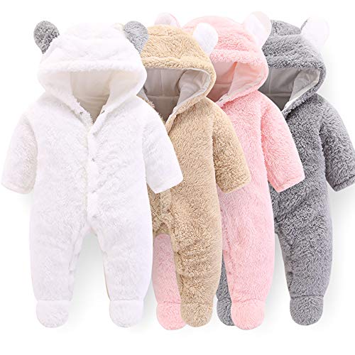 Neugeborene Baby Cartoon Bär Schneeanzug Wintermantel Fleece Kapuze Strampler Jumpsuit (Weiß, 3-6Monat)