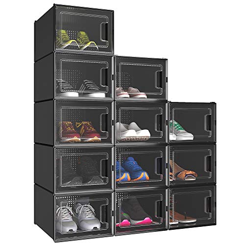 YITAHOME Schuhboxen, 12er Set, Schuhkarton stapelbar stabil, Aufbewahrungsboxen für Schuhe mit transparent Tür und Belüftungslöchern, für Schuhe bis Größe 44, stapelbare schuhbox schwarz