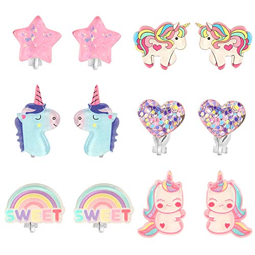 PinkSheep Einhorn Clip On Ohrringe für kleine Mädchen, Bling Earrings Regenbogen Ohrringe für Kinder, 6 Paare, Bestes Geschenk