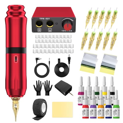 Hapaisslin Tattoo Anfänger Set, Tattoo Pen Set, Kartuschen-Tattoo-Maschine Set, Tattoo-Zubehör mit Tinte, Kartuschen-Nadeln, Übungsblatt, Gummihandschuhe (Rot)