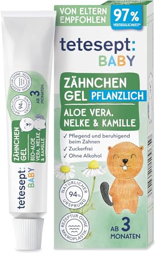 tetesept Baby Zähnchen Gel – Pflanzliches Zahnungsgel mit Aloe Vera, Nelke & Kamille – beruhigt & pflegt das Zahnfleisch – Zahnungshilfe ohne Zucker und Alkohol für Babys ab 3 Monaten – 10 ml