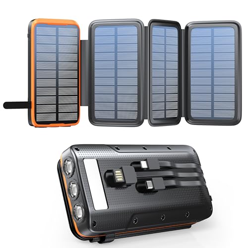 Solar Powerbank 27000mAh,Solar Ladegerät mit 3 Kabel QC4.0 22.5W USB C 20W Schnellladefunktion, mit 4 Solarpanels und 3 LED Taschenlampe für Smartphones Tablets Camping