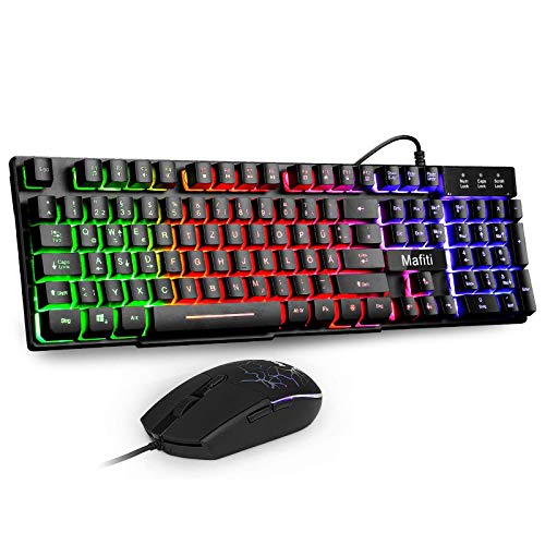 Mafiti Tastatur und Maus Set, Kabelgebundenes --, LED Hintergrundbeleuchtung QWERTZ (DE-Layout), Regenbogen Farben Beleuchtetung für Gaming und Büro