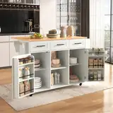 Küchenschrank mit Klappbarer Arbeitsplatte ,Kücheninsel freistehend auf 5 Rollen und 3 Schubladen Mobiler Sideboard Storage küchenschränke für Küche und Esszimmer 139x46(71) x91,5 cm(Weiß)