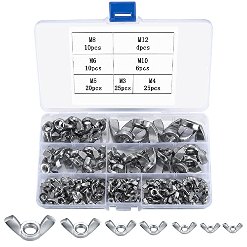 100 Stk Flügelmuttern Sortiment Kit, Edelstahl Flügelschrauben, Schmetterlingsmutter Wing Nut Kits für Heimwerker DIY Tools elektronische Geräte Hardware, M3/M4/M5/M6/M8/M10/M12