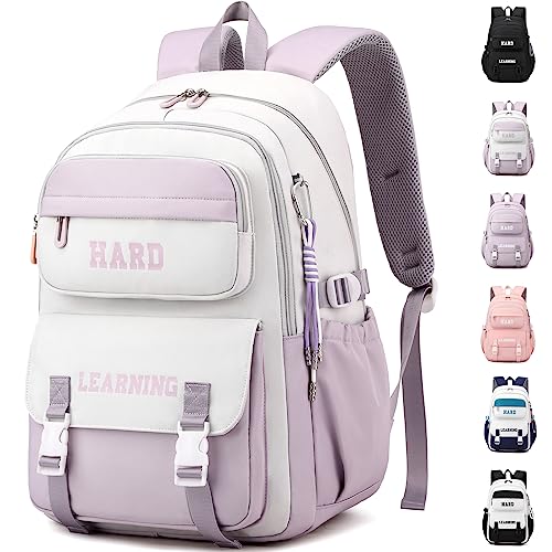 KESUDE Schulrucksack Mädchen Teenager, Groß Schul Rucksack Multi-Tasche Wasserdicht Schulranzen Rucksack Daypacks Backpack School bag Schultasche für Mädchen Damen, Weiß Lila