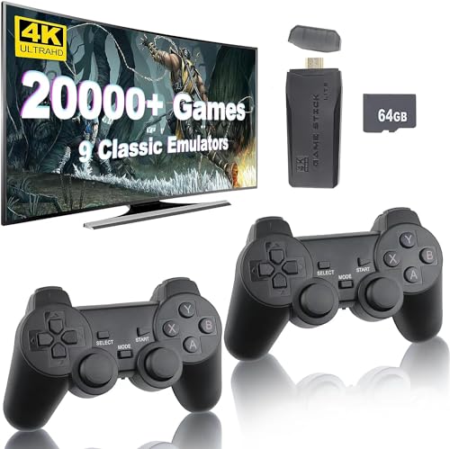 Whatsko Retro Konsole Spielkonsole Videospielkonsole mit 2 Wireless Controller,20000+ Spielen,Plug and Play Wireless Controller 4K HDMI Ausgang Game Stick für TV Computer Projektor (64G)