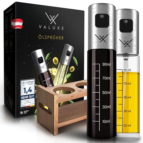 VALUXE® Ölsprüher für Speiseöl und Essig mit UV-Schutz Glas & Sprühfilter - 2er Set Edelstahl Öl-Sprühflasche inkl. Halterung - Präziser Olivenöl Sprüher, Öl-Zerstäuber, Oil-Sprayer