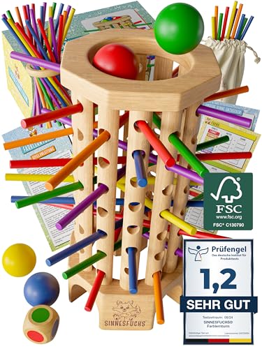 SINNESFUCHS® Farblernturm - FSC® 100% - Montessori Spielzeug ab 3 Jahre - Holzspielzeug pädagogisch wertvoll - Lernspiele ab 3 Jahre - Kinder Farben Stäbchen Holz Spiel - Kinderspiele ab 4 Jahre