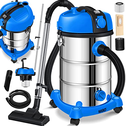 MASKO® Industriestaubsauger Staubsauger Nass Trocken Sauger Edelstahl 2300W + Steckdose | Blasfunktion | Push&Clean | Industrie-Sauger mit & ohne Beutel | beutellos Blau