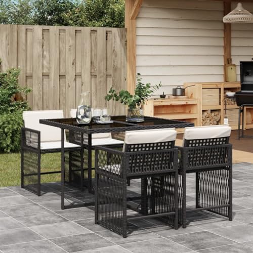 Faroom Polyrattan Sitzgruppe for 4 Personen - Gartenmöbel Set 4 Stühle mit Tisch mit Glasplatte & Kissen - Garten Sitzgruppe - Polyrattan Gartenmöbel Set für Garten & Terrasse Schwarz und Creme AS 4