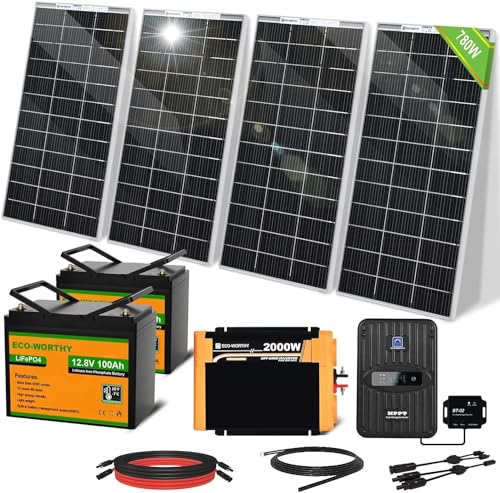 ECO-WORTHY 780W Bifacial Solaranlage Komplettset Inselanlage Netzunabhängiges Kit: 4 Stücke 195W Bifazial Solarpanel +40A MPPT Laderegler + 2 Stücke 100Ah Lithiumbatterie +2000W Sinuswechselrichter