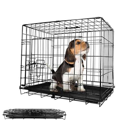 Leopet® Hundekäfig - Faltbar, für Zuhause, Wohnung, Leicht, mit Kunststoffschale, aus Metall, Schwarz - Hundetransportkäfig, Hundetransportbox, Tiertransportbox, Hundebox (LxBxH: 76x45x52 cm)