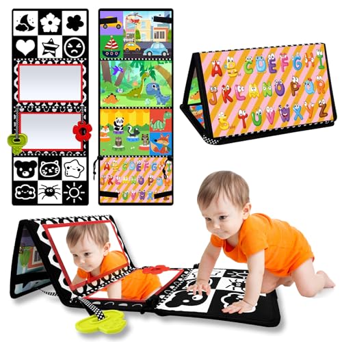 RunHero Baby Spiegel Spielzeug mit Knisterbuch Montessori Schwarz Weiß Kontrast Stoffbuch Kontrastkarten Kinderspiegel Lernspielzeug für Neugeborenes