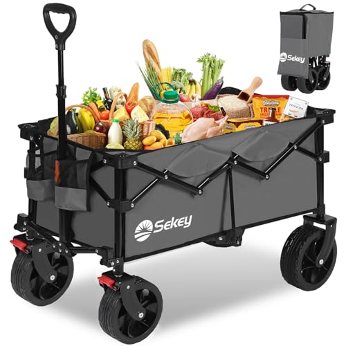 Sekey XXL Bollerwagen Faltbar mit Bremsen 150L 150KG, Breite Reifen Alle Gelände, Patentiert Zusammenfaltbar aus 4 Richtungen, Kein Zusammenbau erforderlich, XXL 4020, Grau