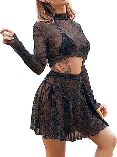 Ushiny Glänzend Rock Set Schwarzes Top und Rock Anzug Hollow Out Party Frauen 2 Stück Outfits Hohe Elastizität Rave-Outfit für Frauen und Mädchen