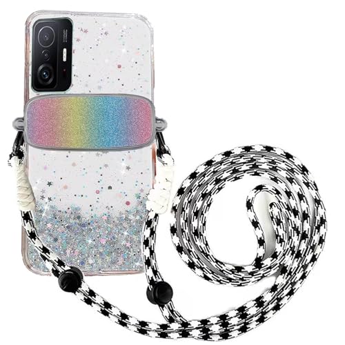 Tivenfezk Nadoli für Xiaomi 11T/11T Pro Glitzer Handykette Hülle,Silikon Bling Durchsichtig Crossbody Tasche zum Umhängen Schutzhülle mit Telefon Clip Halter Band