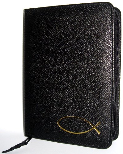 Gebetbuchhülle/Gotteslobhülle für Gotteslob NEU - alle Bistümer, schwarz, mit Goldprägung Fisch, echt Leder