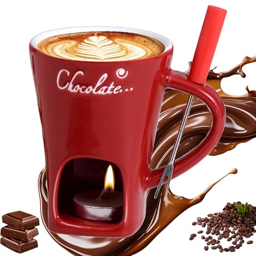 FatrouGirl Schokoladen Fondue Becher Set, 200 ml Keramik Schokoladenfondue Tasse, Rot Schokofondue Tasse mit Gabel und Teelicht, Mehrzweck Chocolate Fondue Set für Käse Schokolade Butter Karamell