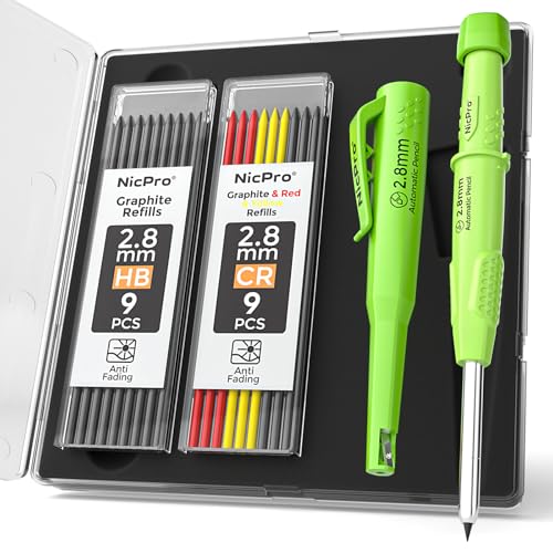 Nicpro CP3000 Zimmermannsbleistifte mit Spitzer, 2,8 mm Druckbleistift mit 19 Minen, Tieflochmarker für Bauarbeiten, robuster Bleistift Baustelle, Tischlerwerkzeuge für Architektenmarkierungen (grün)