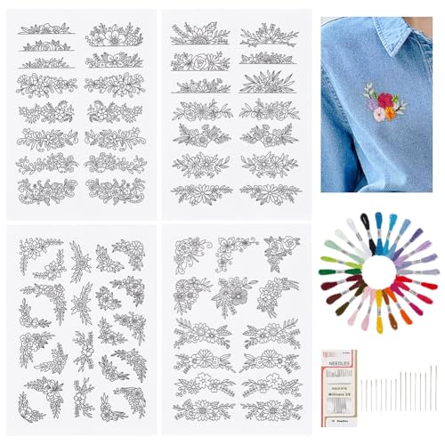 BENECREAT 44Pcs wasserlösliche DIY Blume Stickerei Muster Kits, einschließlich 4 Blätter Hilfs Stickerei Zeichnung, 24 Farben Stickgarn, 16Pcs Sticknadel für Anfänger Nähen Liebhaber