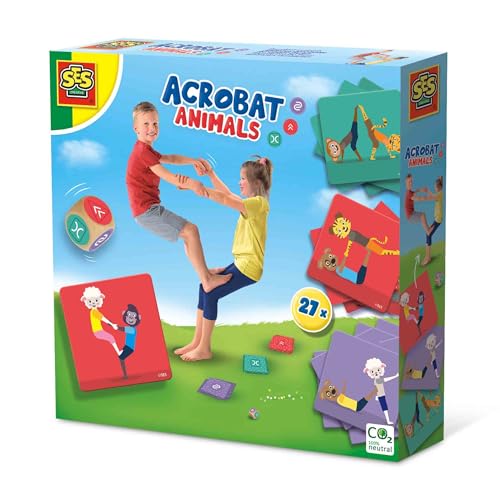 SES Creative | Spiel Tierakrobatik Kinder | 27 Karten + Würfel | Motorische Aktivität 5 Jahre+ | Bewegungsspiel Outdoor Indoor | Balance Koordination | Geschenkidee Aktiv