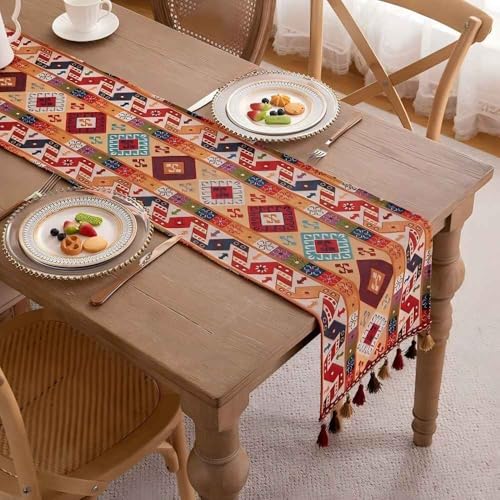 Clothfuna Geometrischer Jacquard-Tischläufer, Vintage-Boho-Tischläufer, orangefarbene Diamanten, Baumwollmischung mit Quasten, für Esstisch, Party, Urlaub, Outdoor, 33 x 180 cm