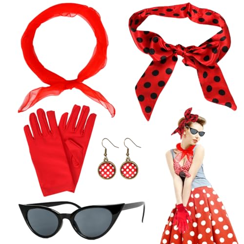 5TLG Rockabilly Accessoires Damen, 50er Jahre Damen Kleid Zubehör, 1950s Kostüm Set mit Schal, Sonnenbrille, Handschuhe, Retro Kostüm Damen, Fasching Accessoires für Karneval, Halloween, Cosplay
