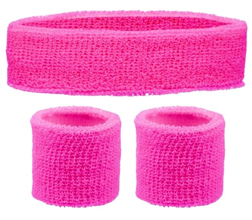 Schweissband und Stirnband Set – Schweißband Neon für 80er Jahre Outfit Damen - Neon Accessoires für Fun Runs Team Building Events Pride Partys Gymnastik Sport Tennis – Stirnband 80er Jahre (Pink)