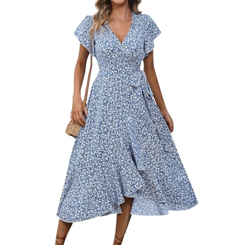 Ansenesna Sommerkleid Damen Lang Elegant Rüschen Wickelkleid Damen Sommer Blumen Sommerkleider Leicht Und Luftig Curvy Strandkleid Frauen V Ausschnitt Tailliert Kleider Geblümt Blumenkleid